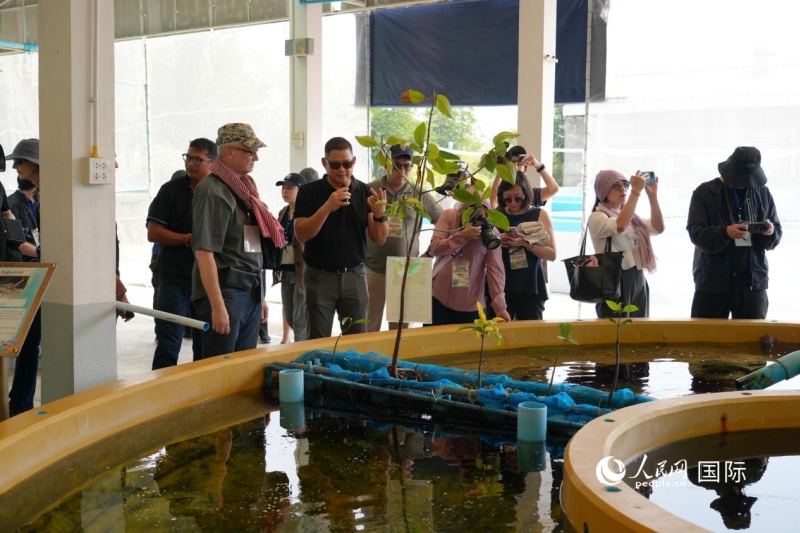 外国媒体记者参观班兰县皇家海洋养殖示范基地。人民网记者 简承渊摄