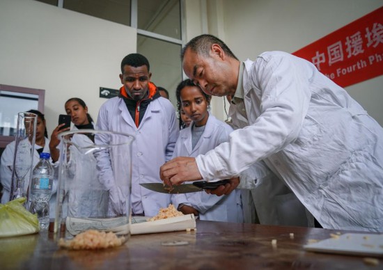 　　2025年8月20日，在埃塞俄比亚首都亚的斯亚贝巴，中方专家在亚的斯亚贝巴理工学院对大学生进行菌种制作技术指导。新华社记者 韩旭 摄