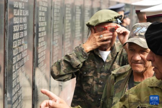 4月2日，在阿根廷布宜诺斯艾利斯举行的纪念马尔维纳斯群岛战争活动上，老兵在马岛战争阵亡将士纪念碑前掩面而泣。新华社记者 张铎 摄